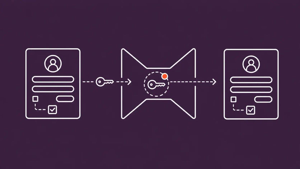 Minimalist white line art on deep plum showing two sign-in windows linked by a central proxy hourglass, a key intercepted mid-flight between them, and a tiny CAPTCHA glyph