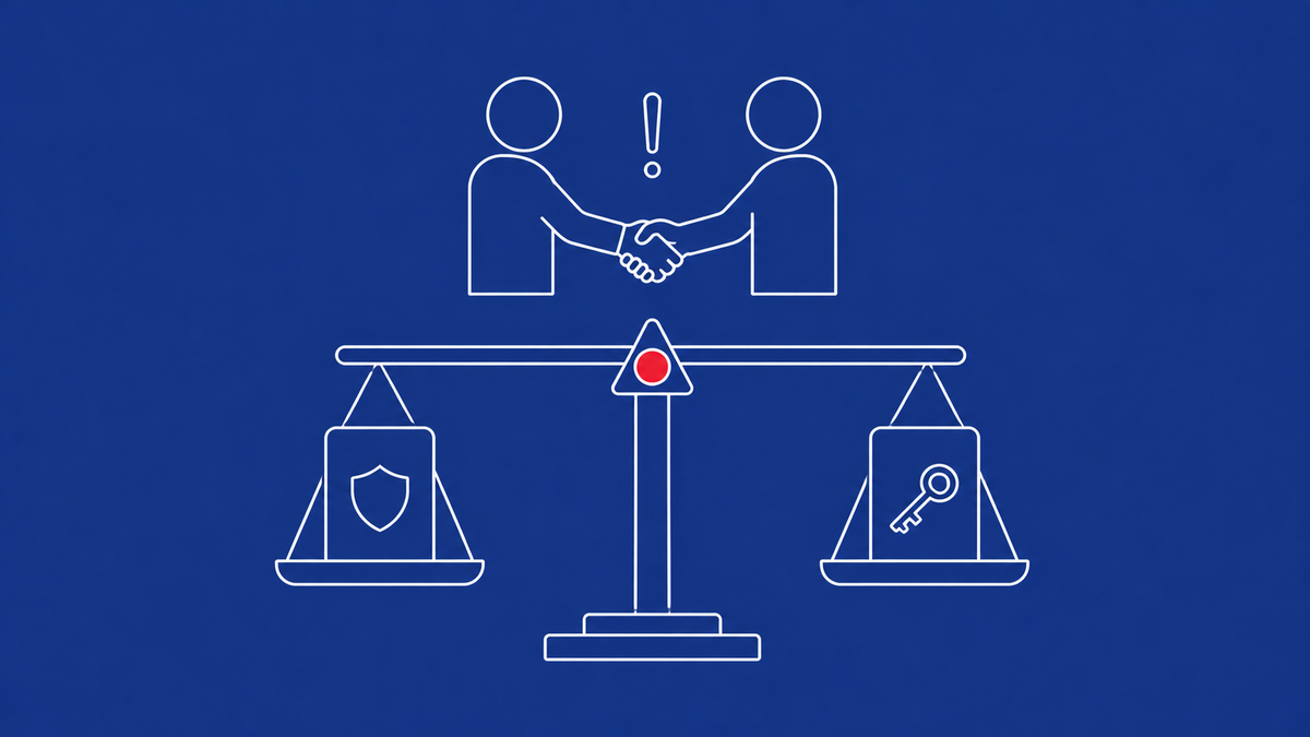 Line-art balance scale with shield and key documents; two figures shaking hands above with an exclamation mark; red dot at the pivot.