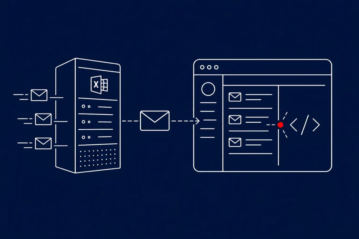 Line art on midnight blue: an Exchange Server with a crafted email entering OWA, JavaScript executing in the browser window. Red dot on the execution point.