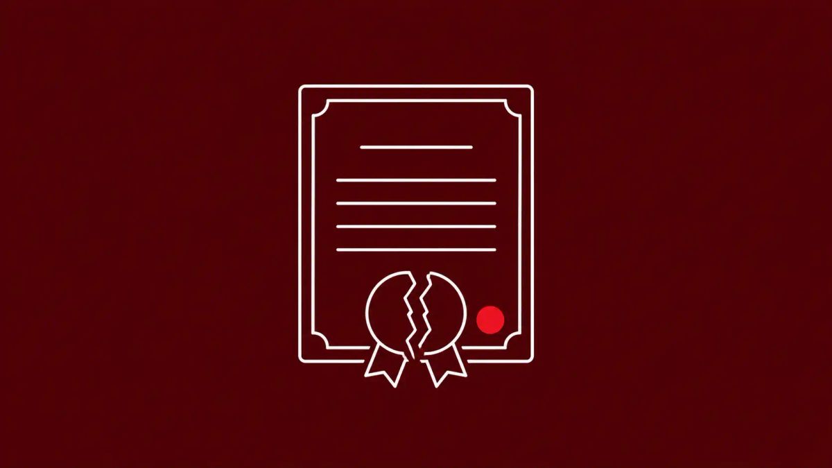 Line-art illustration of a fractured Artifact Signing vault spilling certificate fragments with a fox-and-tempest motif, on oxblood background with one red dot accent.