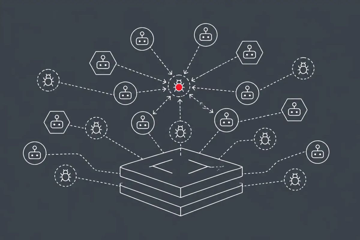 Line art on slate gray: a swarm of small AI agent nodes converging on a codebase and surfacing bug markers. Red dot accent on a critical finding.