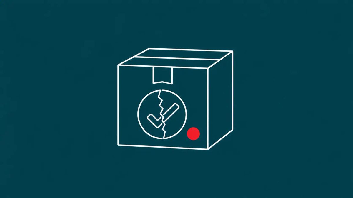 Line-art illustration of an npm package with a fractured green check-mark badge on teal background, with one flat red dot accent.