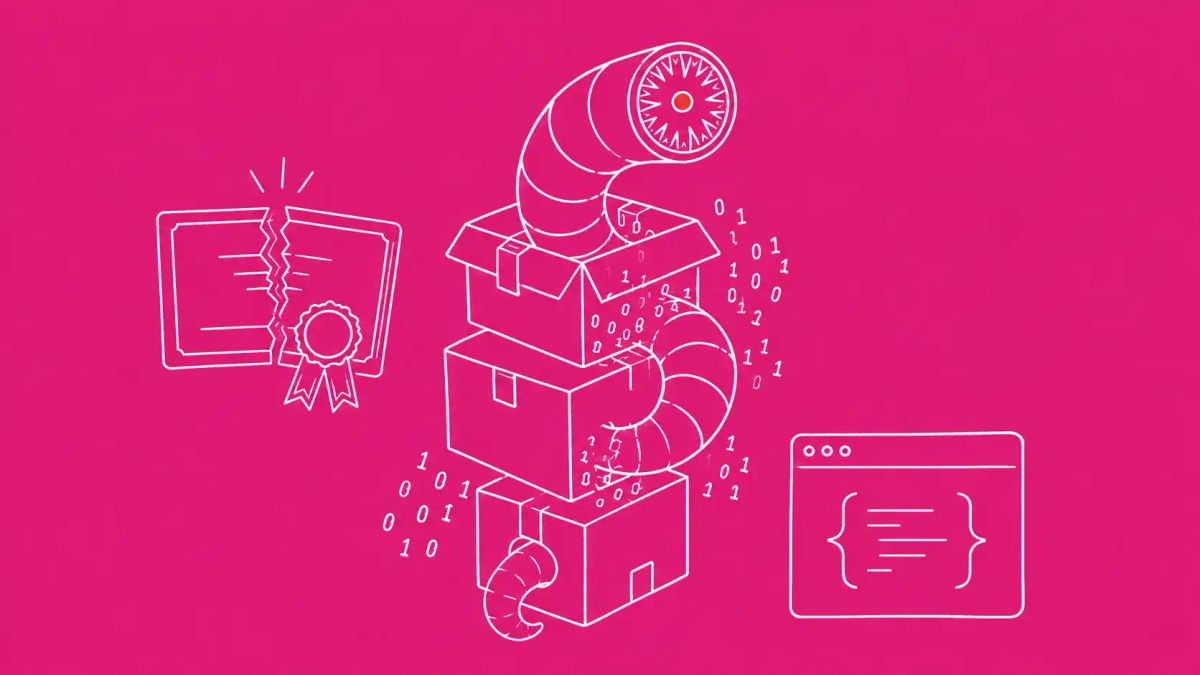 White line art on hot fuchsia: a worm twisting through three stacked package boxes with binary fragments, a signed certificate cracking. Small red dot accent.