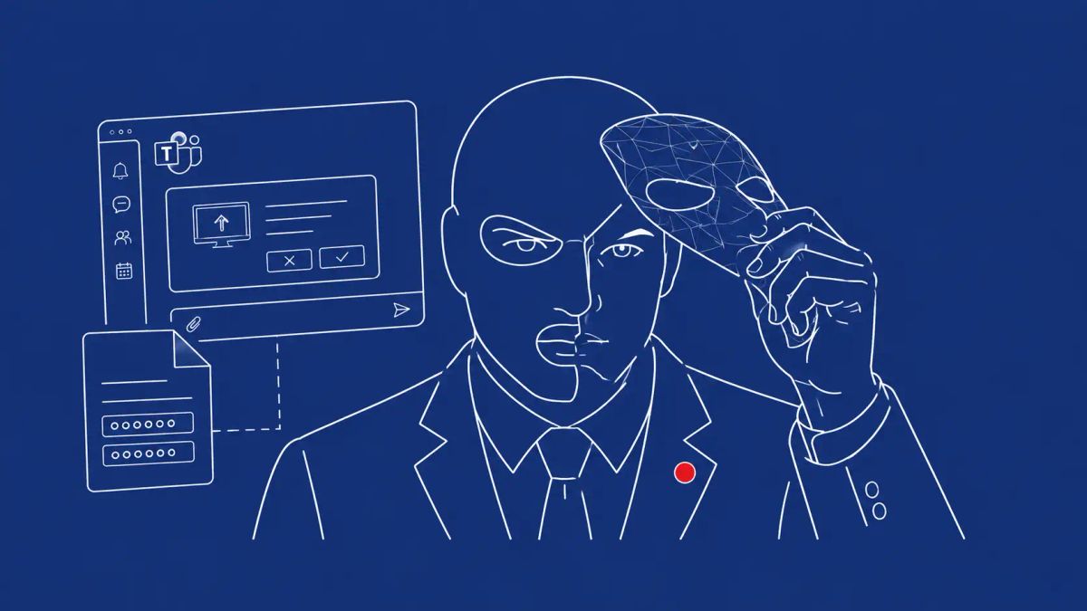 Line art on midnight blue: masked operative removing a ransomware mask, Teams chat window, credentials text file. Red dot accent on attribution flag.