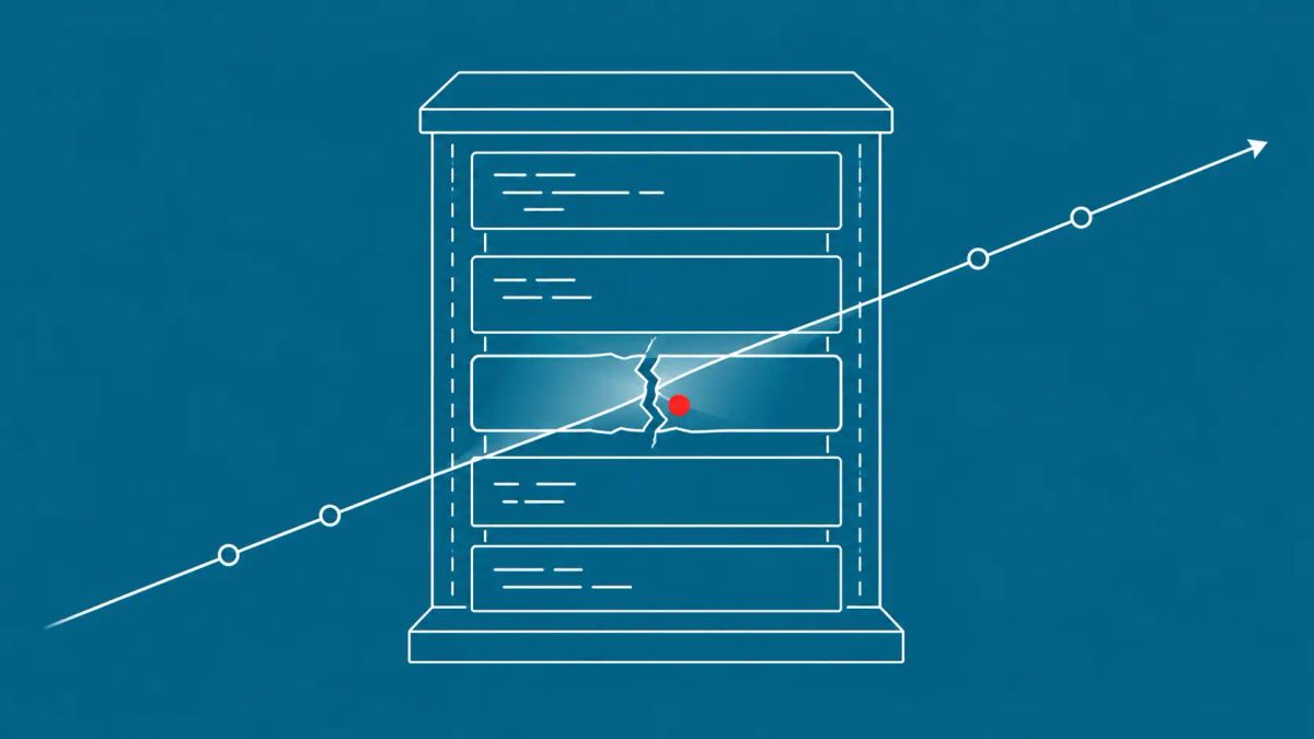 Line art on dark cyan: NGINX server block with an exposed crack running through the rewrite module, an AI scanner beam crossing it. Red dot accent on the heap overflow point.
