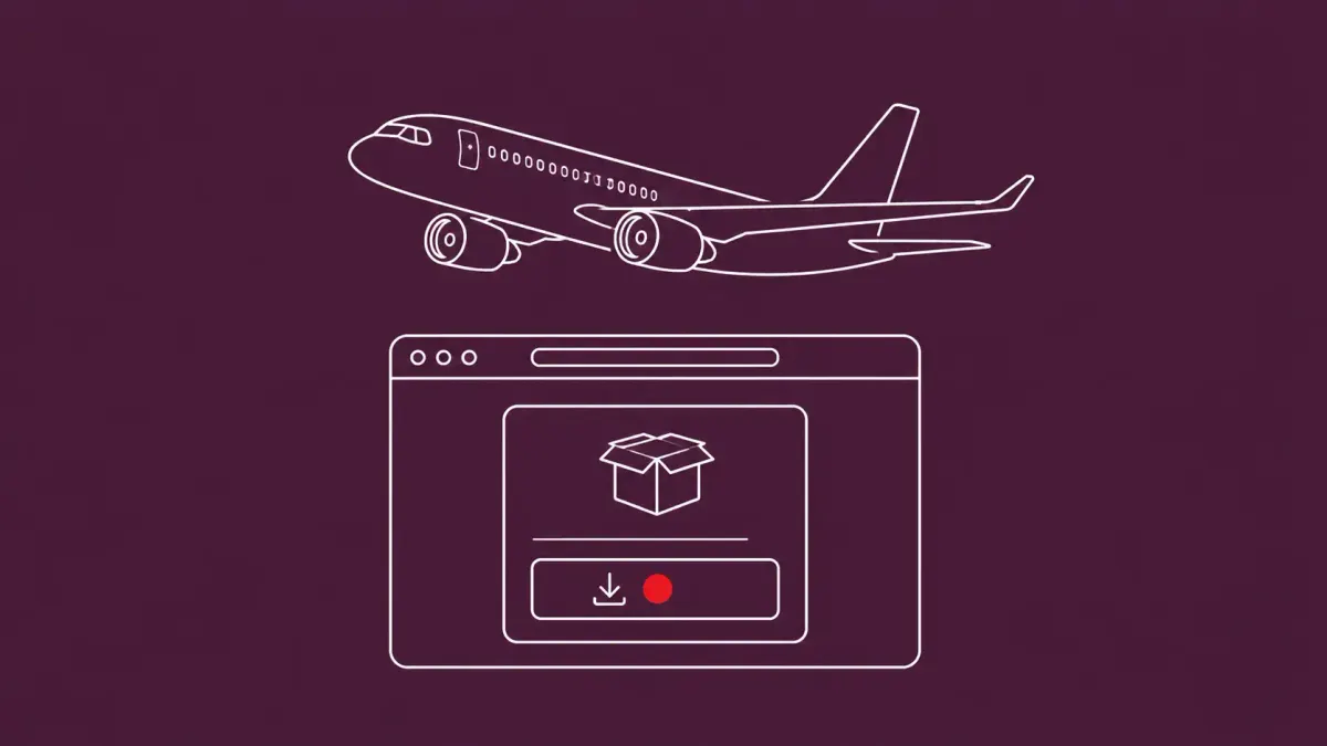 Line-art wireframe airplane silhouette above a stylized software installer window with a small download arrow; a red dot sits on the installer button.