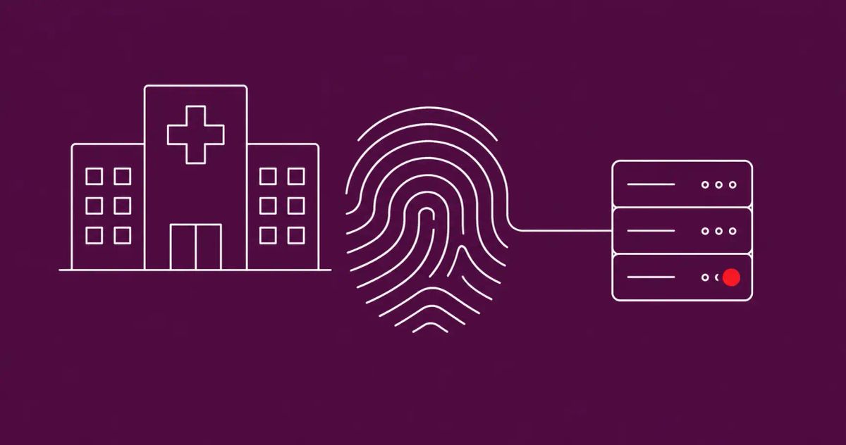 White line-art illustration of a fingerprint between a hospital silhouette and a vendor server rack on a plum background, with one red dot accent.