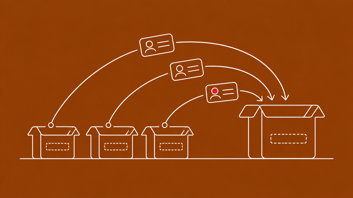 Line-art scene of small generic profile cards being scooped from three older labeled boxes into a single new larger container; one card carries a flat red dot.