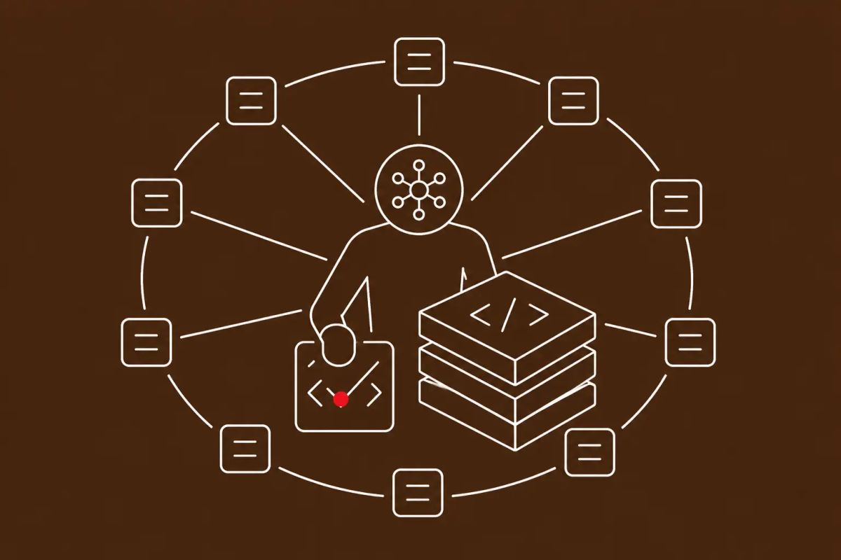 Line art on bronze: an AI agent scanning a code repository while a chain of vendor nodes locks into a defensive ring around it. Red dot on the patch fix.