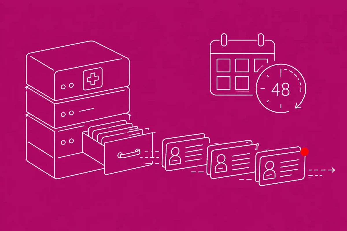 Line art on magenta: a telehealth platform server with patient record cards pulled out over a two-day window. Red dot accent on the exfiltrated records.