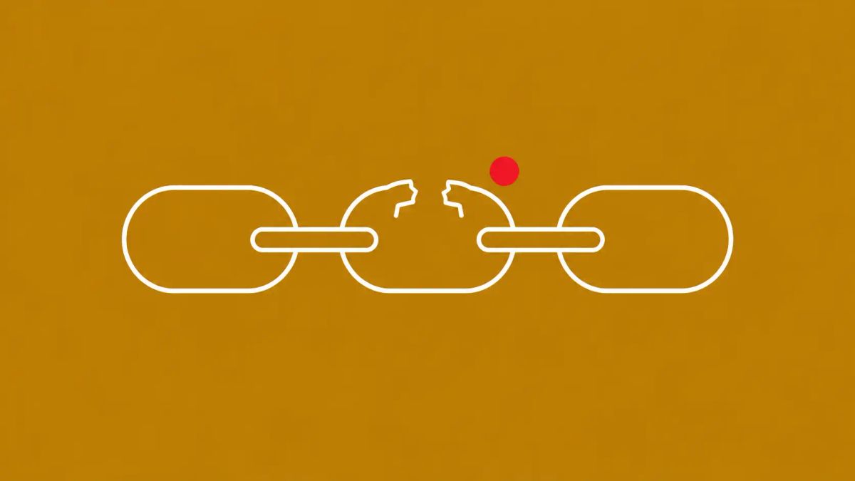 Line-art illustration of a severed seven-link supply chain spilling malware-package boxes onto a wireframe European map, on mustard background with one red dot accent.