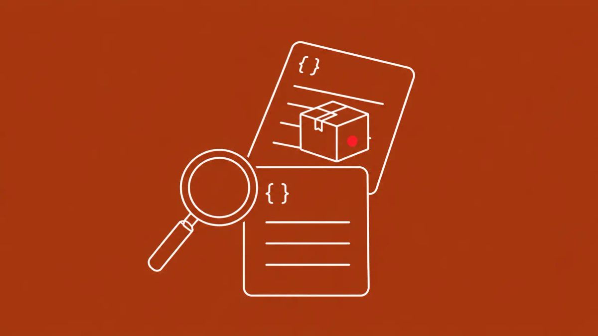 Line-art illustration of two stacked manifest cards, the upper one tagged with a git-branch mark and carrying a small hidden parcel; the parcel bears a red dot.