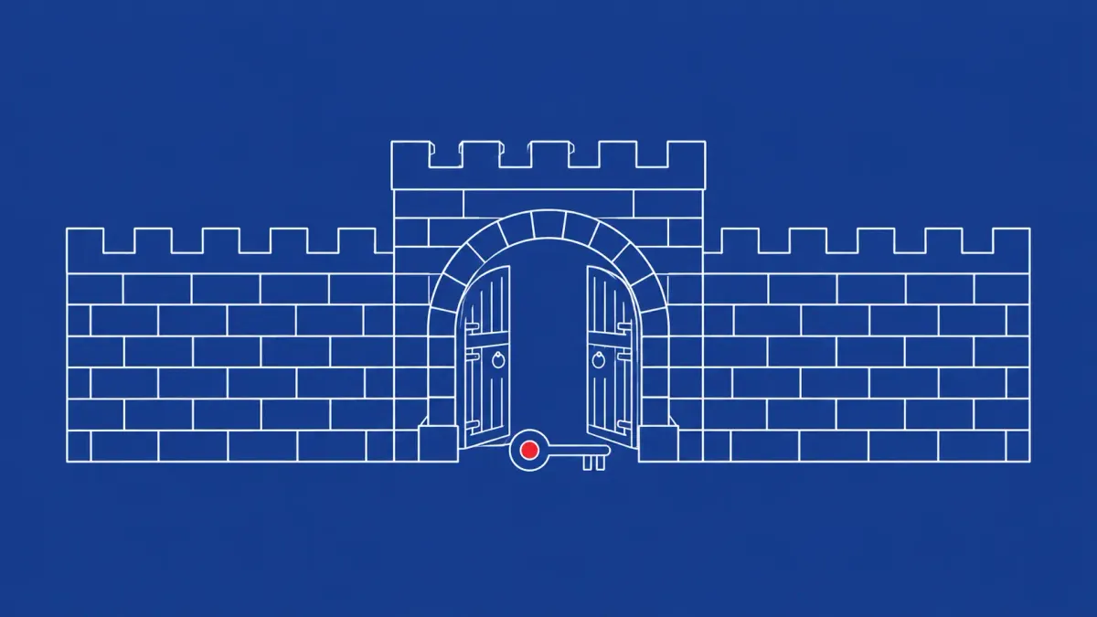 Line-art fortress wall with a single open gate, an abandoned key icon at the gate's threshold; one flat red dot sits on the key.