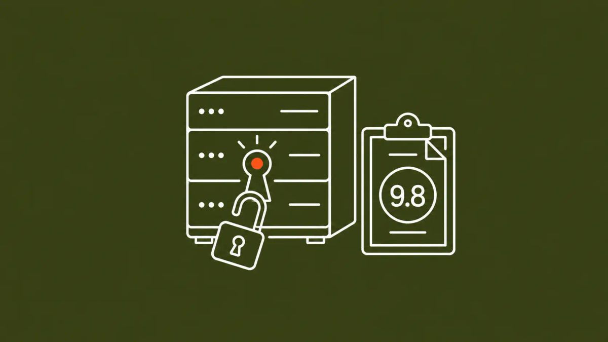 Minimalist white line art on olive green showing a server rack with two file folders escaping through a broken padlock, joined to two linked hexagon icons above, marked with a red accent dot.