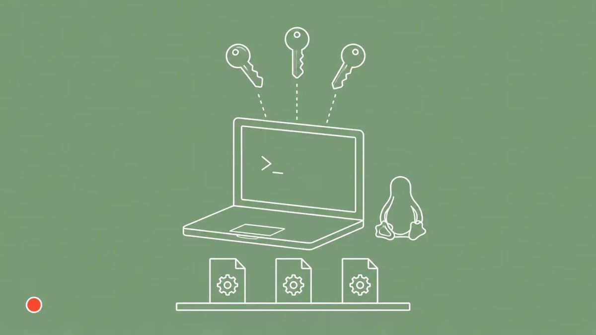 White line art on sage green: a laptop with three floating keys descending toward its terminal screen, three credential file icons on a shelf below, a Linux penguin silhouette, and a red dot.