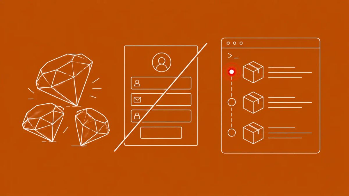 Line art on copper: Ruby gem stones, signup form crossed out, terminal with package upload notifications. Red dot accent on alert icon at center.