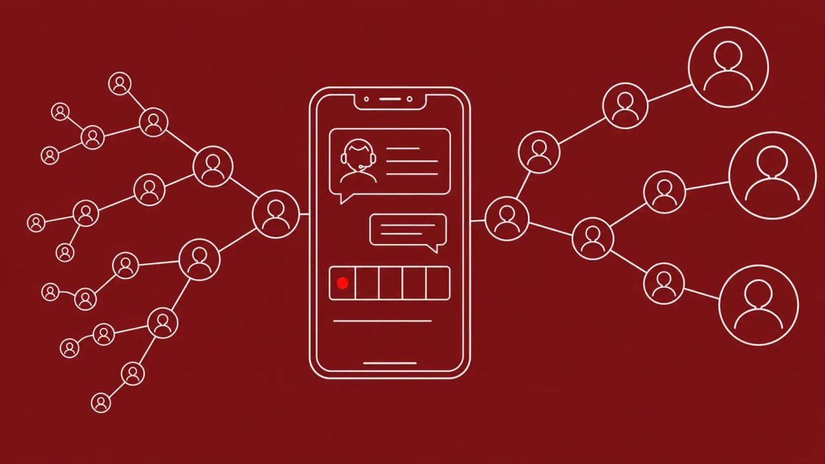 Line art on oxblood: smartphone with a fake support chat bubble, a snowballing chain of contact nodes expanding outward. Red dot accent on the verification code field.