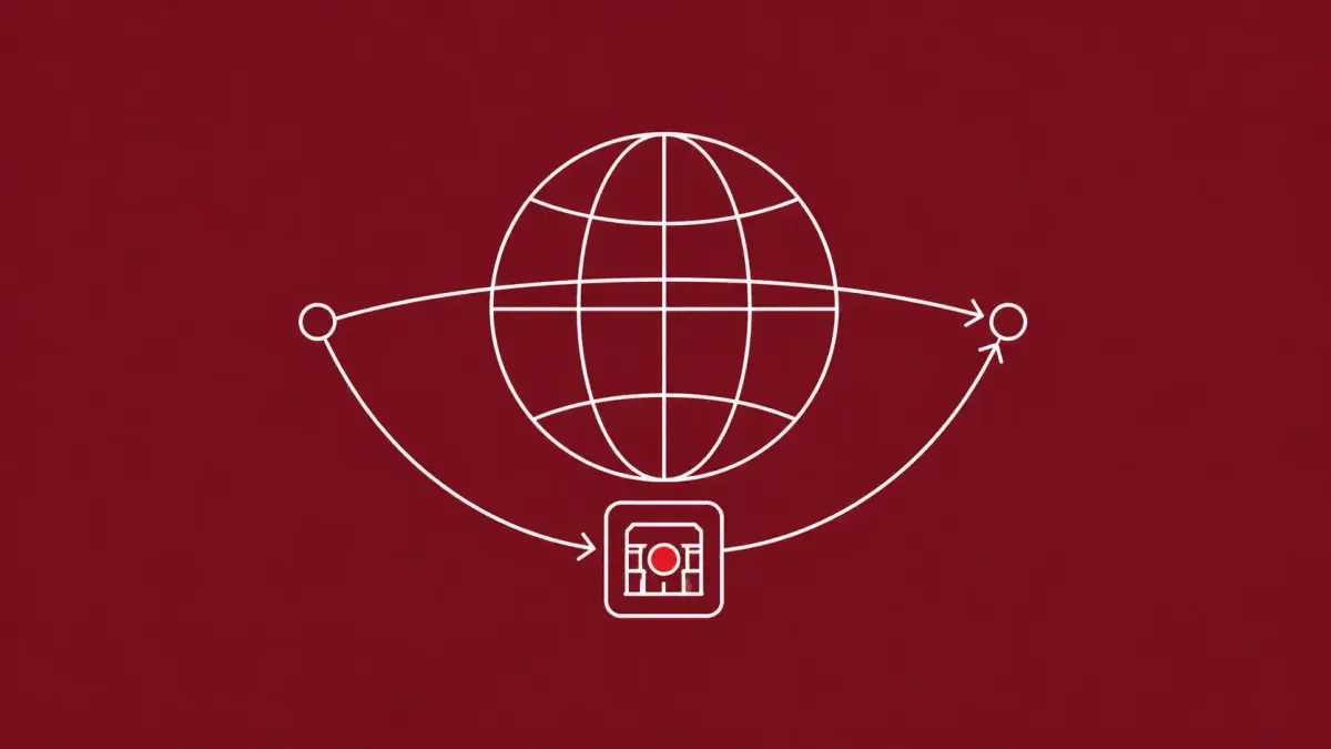 Line-art globe with two arrows arcing from one side to the other — one straight, one routed through a small mediator node carrying a red dot.