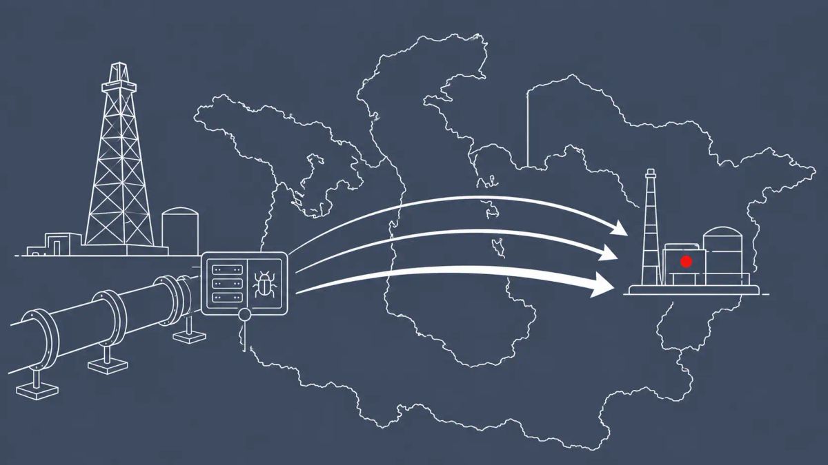 Line art on slate: oil derrick and pipeline overlaid on a map of the Caspian region, three intrusion-wave arrows. Red dot accent on the targeted facility.