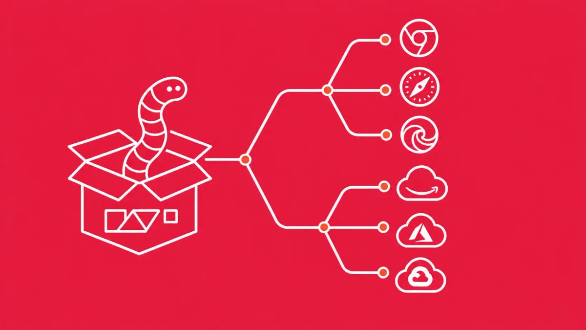 A package box with a worm branching into browser icons and cloud provider icons. White line art on vivid coral background with red-orange accent dots at each branch point.