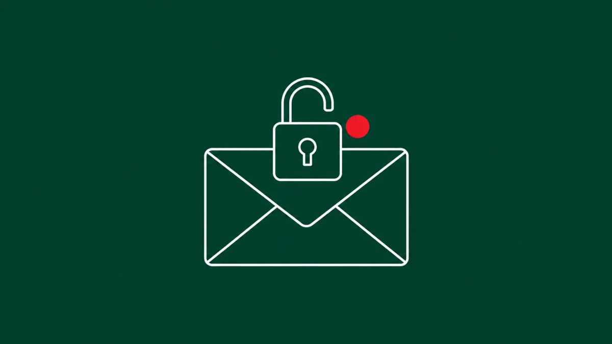 Line-art illustration of a fractured SEPPmail lockbox spilling envelopes marked "READ" with an Alpine mountain silhouette, on jade background with one red dot accent.