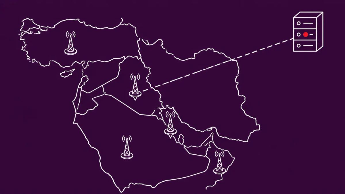 Line-art illustration of a tall signal tower set off-center on a deep aubergine background, with one flat red dot accent.