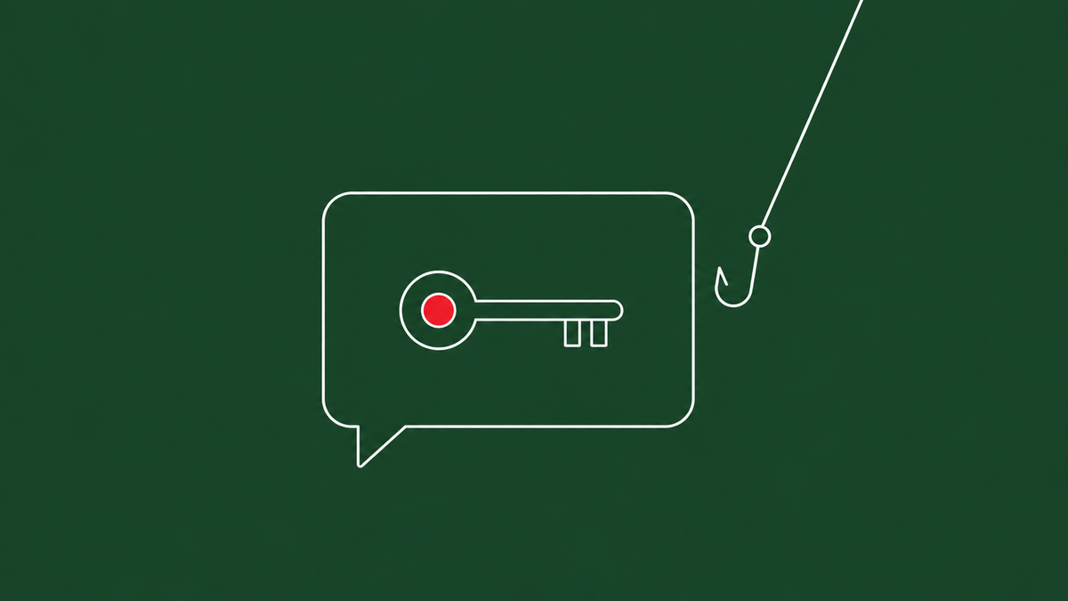 Line-art chat bubble containing a small key icon, with a fishing hook approaching the key from the side; the key carries a red dot.