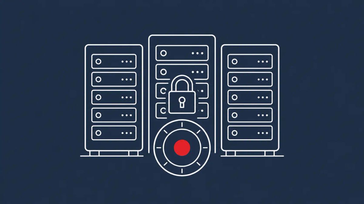 Line-art trio of server racks crossed by a diagonal ribbon banner with a circular official seal at its center; the seal's star carries a red dot.