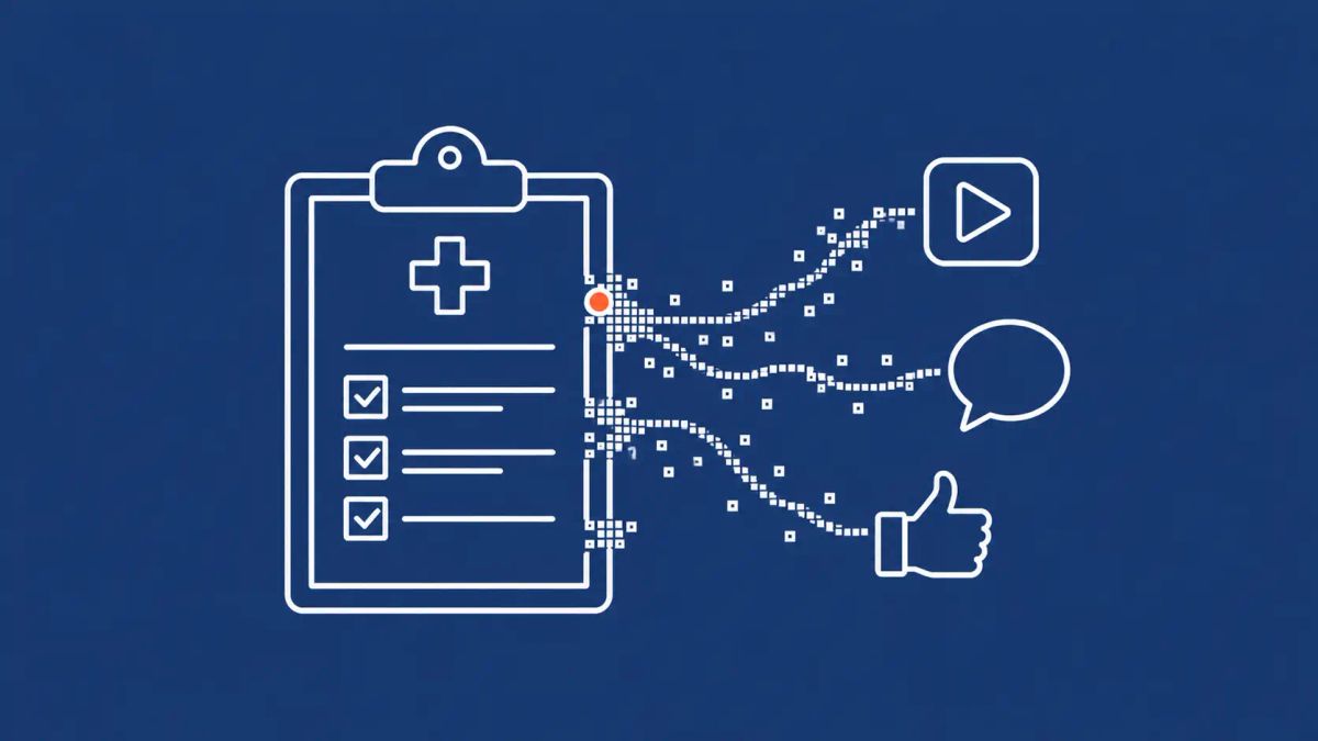 Minimalist white line art on muted blue showing a medical clipboard with three data tags flying through a dashed network arc into two generic app-tile silhouettes.