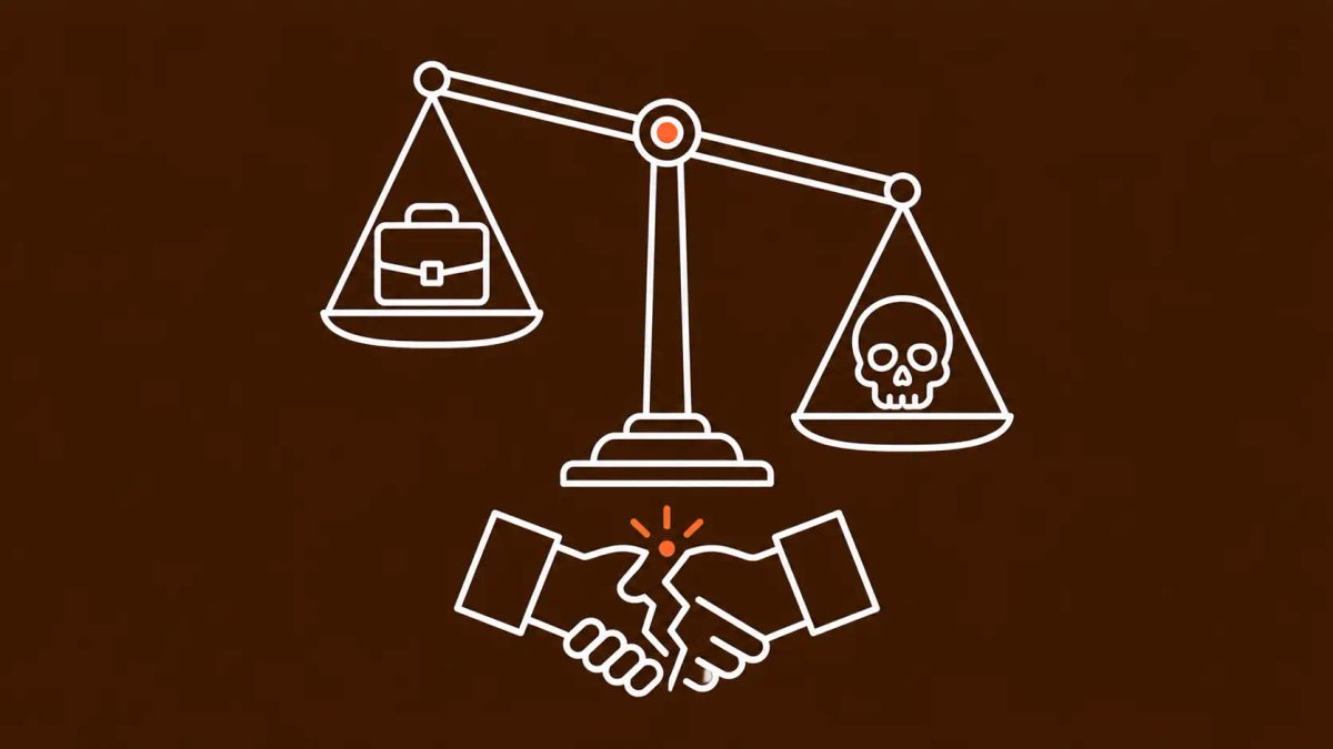 Scales of justice with a briefcase on one side and a ransomware skull on the other tipping toward the skull, broken handshake below. White line art on dark bronze with red-orange dots.