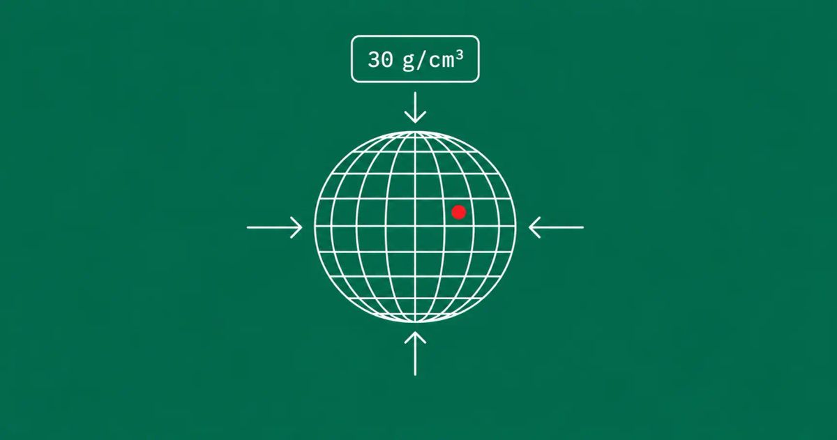 White line-art of a wireframe sphere compressed by inward arrows with a 30 g/cm cubed label, on a jade background with one red dot accent.