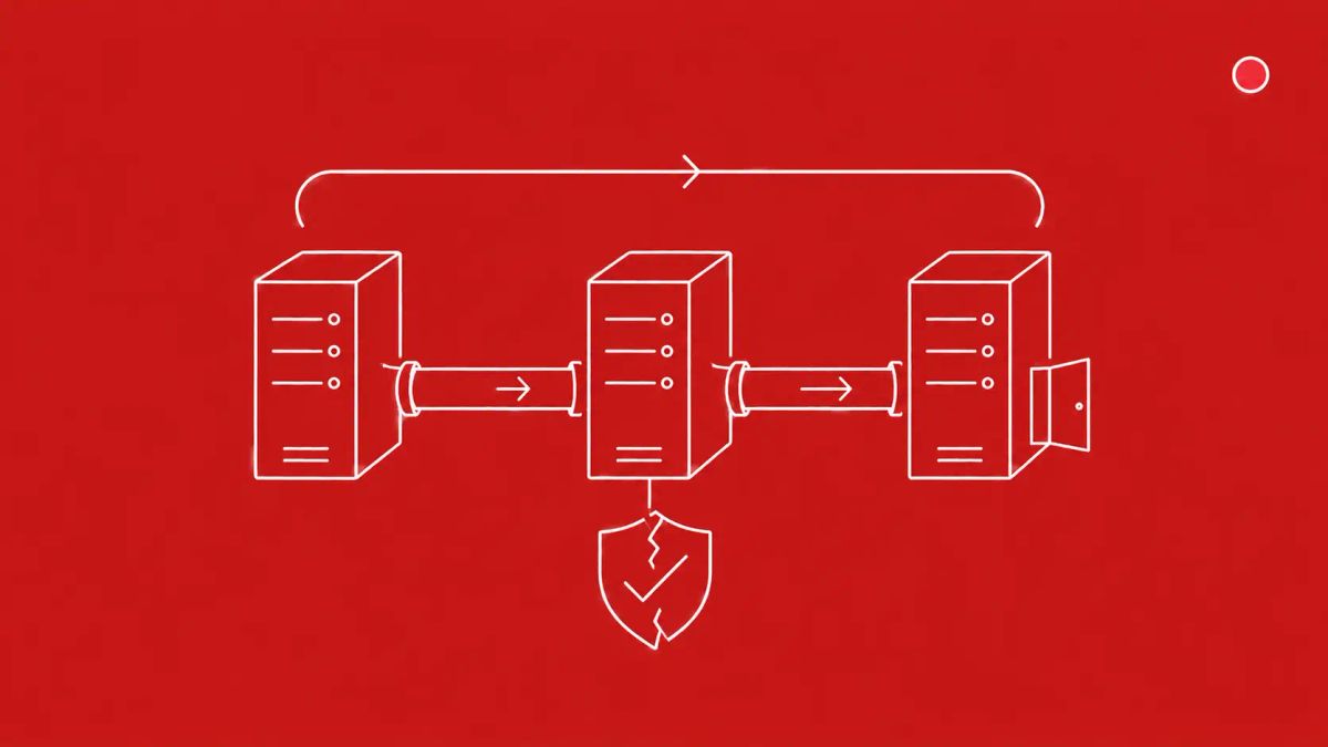 Three server towers in a row connected by pipeline arrows, a small open door on the third tower, a curved repeating arrow loop above suggesting recurrence. White line art on crimson red.