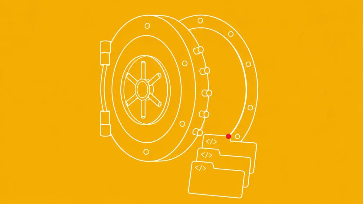 Line-art illustration of a partially open bank vault with code folders spilling out, depicting TeamPCP's Mistral AI source code auction.