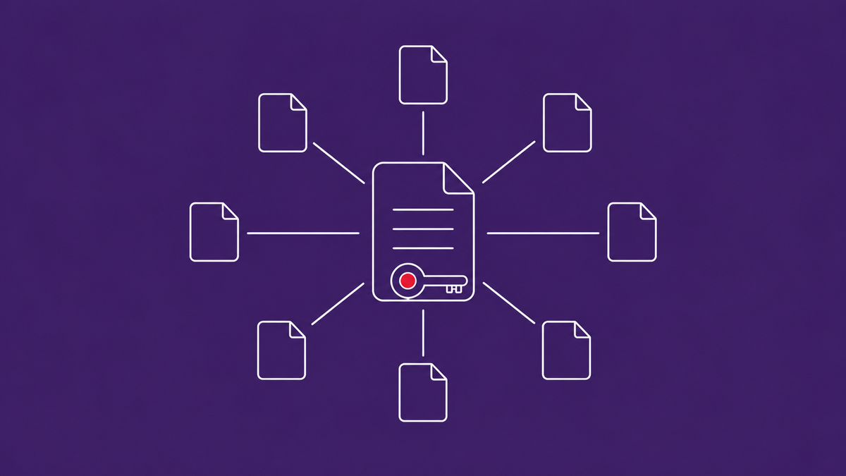 Line-art tree of small file icons fanning out from a central master file holding a small key; a red dot marks the master key at the centre.