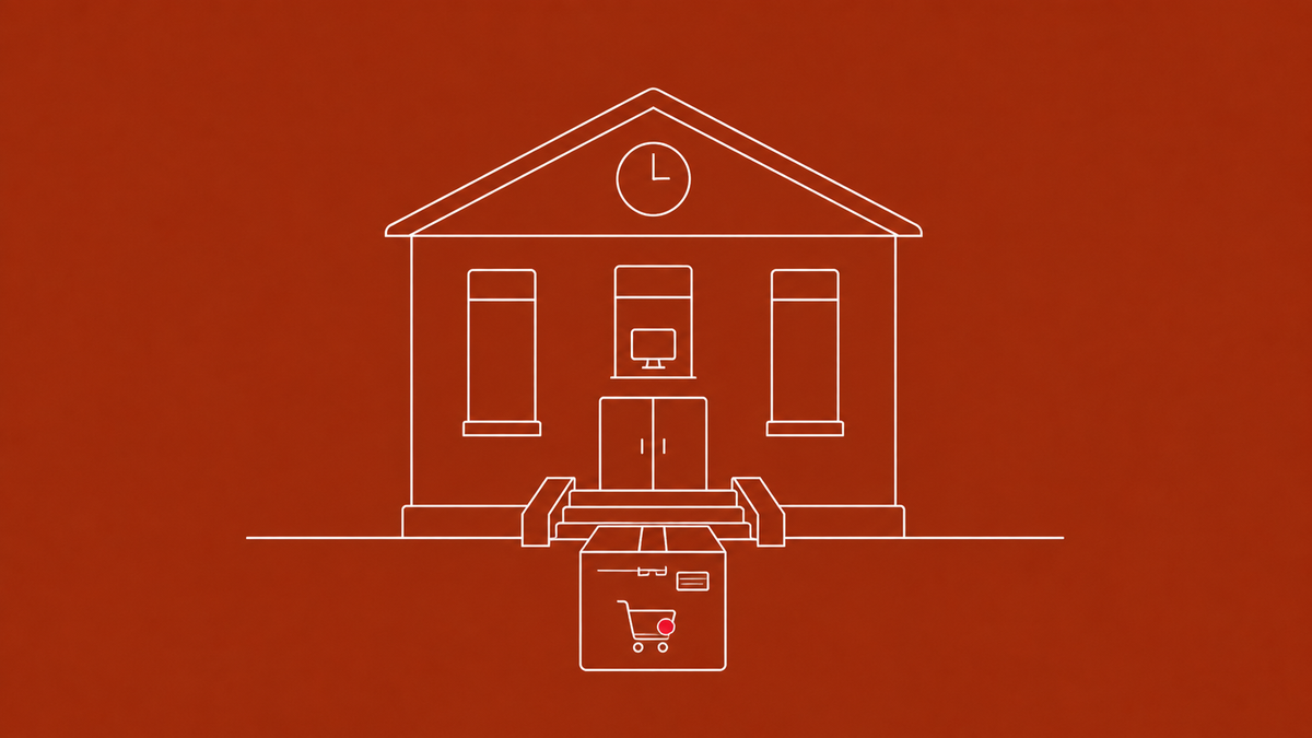Line-art small-town hall building with a delivery box icon outside its front steps, a tiny shopping cart on the box; the cart carries a red dot.