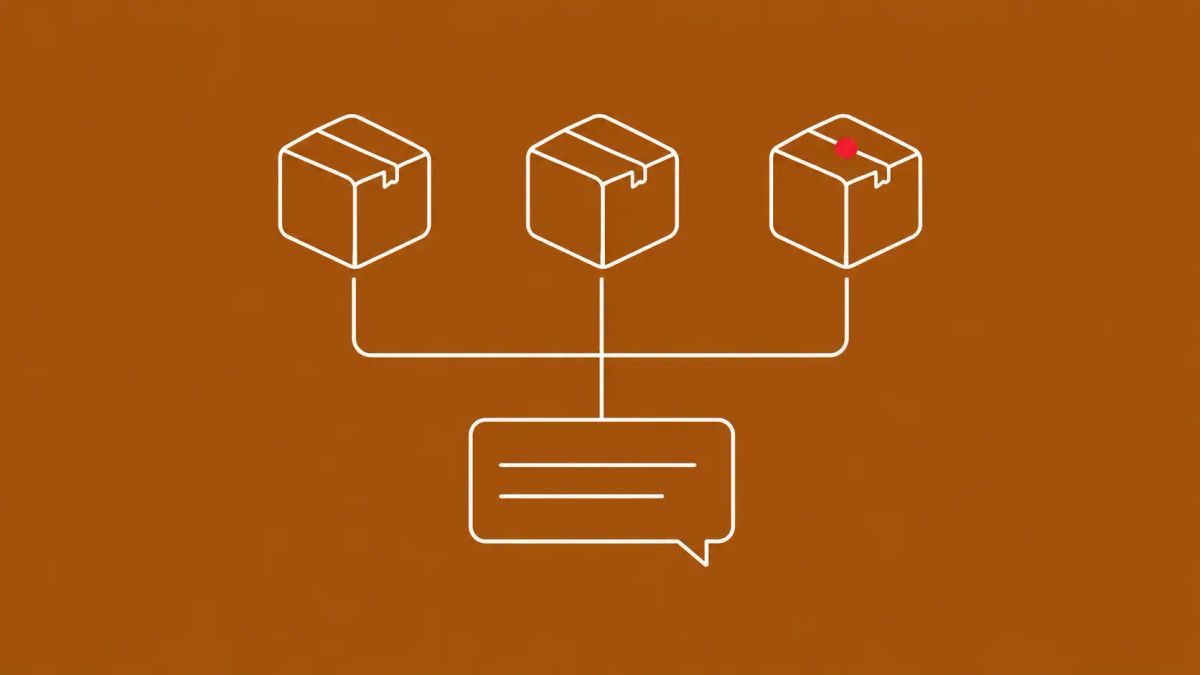 Line-art row of three package boxes feeding connector lines into a small chat-assistant window; one box carries a single flat red dot.