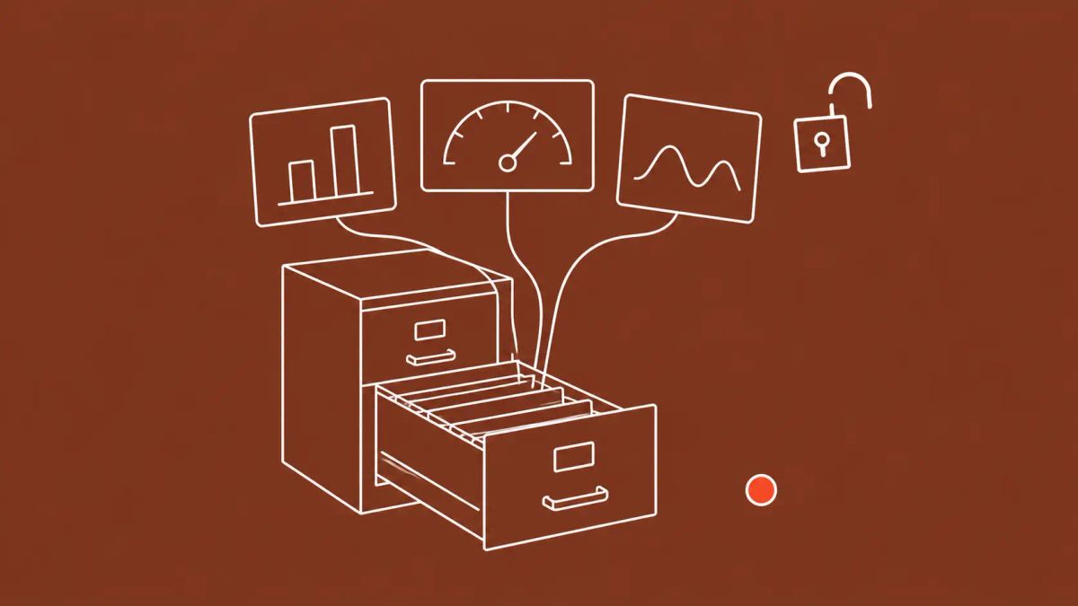 White line art on rust brown: an open filing cabinet drawer with three dashboard outlines (chart, gauge, line graph) fanned behind, an open padlock, and a red-orange accent dot.