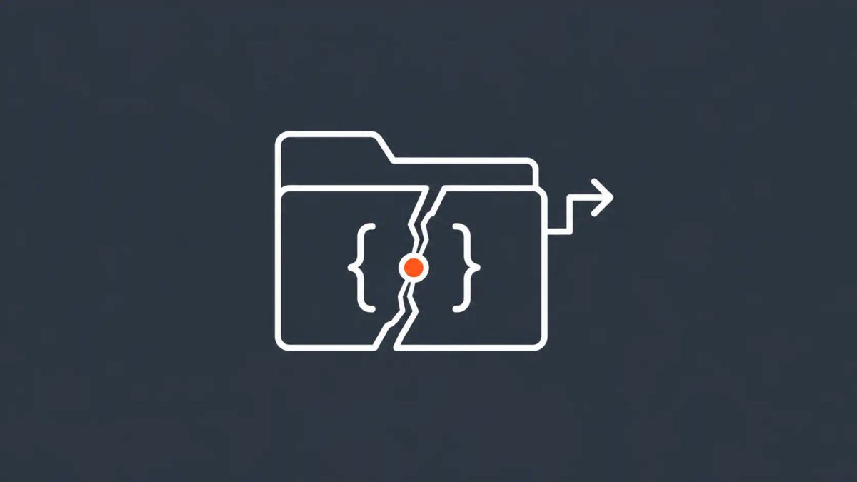 Minimalist white line art on slate-grey showing a folder icon with code-bracket symbols inside, a diagonal fracture line, and an exit arrow, marked by a red accent dot.