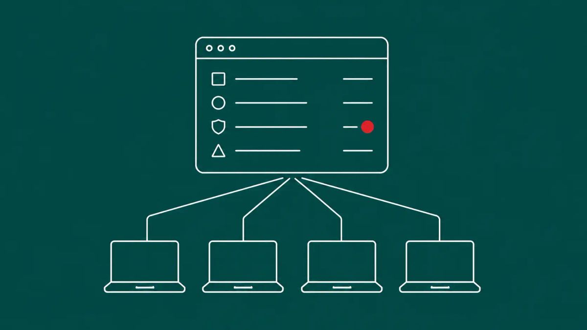 Line-art security server with a shield and a database cylinder, lines fanning down to four small shielded laptops; the database carries a red dot.
