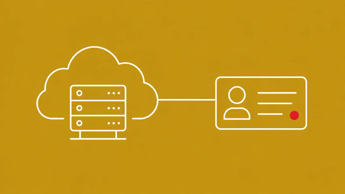 Line-art cloud platform linked to a smartphone, three contact cards fanning out with portrait, house and phone glyphs; one house glyph holds a red dot.