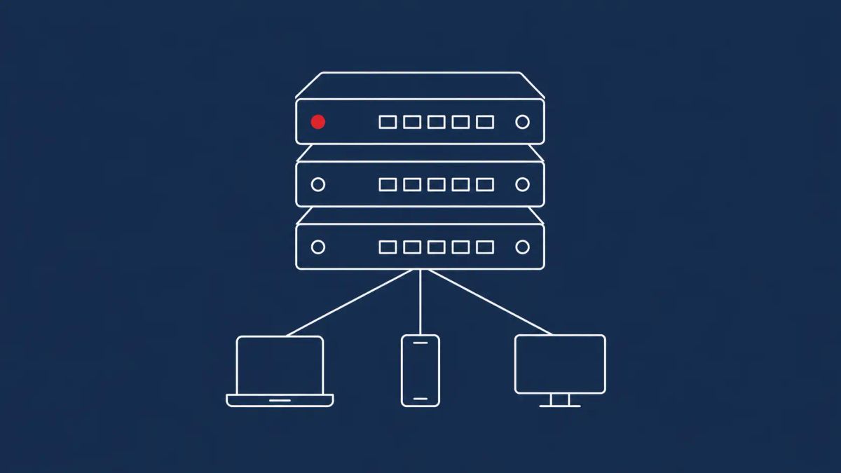 Line-art row of three network devices — a gateway, a router and a video recorder — each cracked, with broadcast arcs above; one crack holds a red dot.