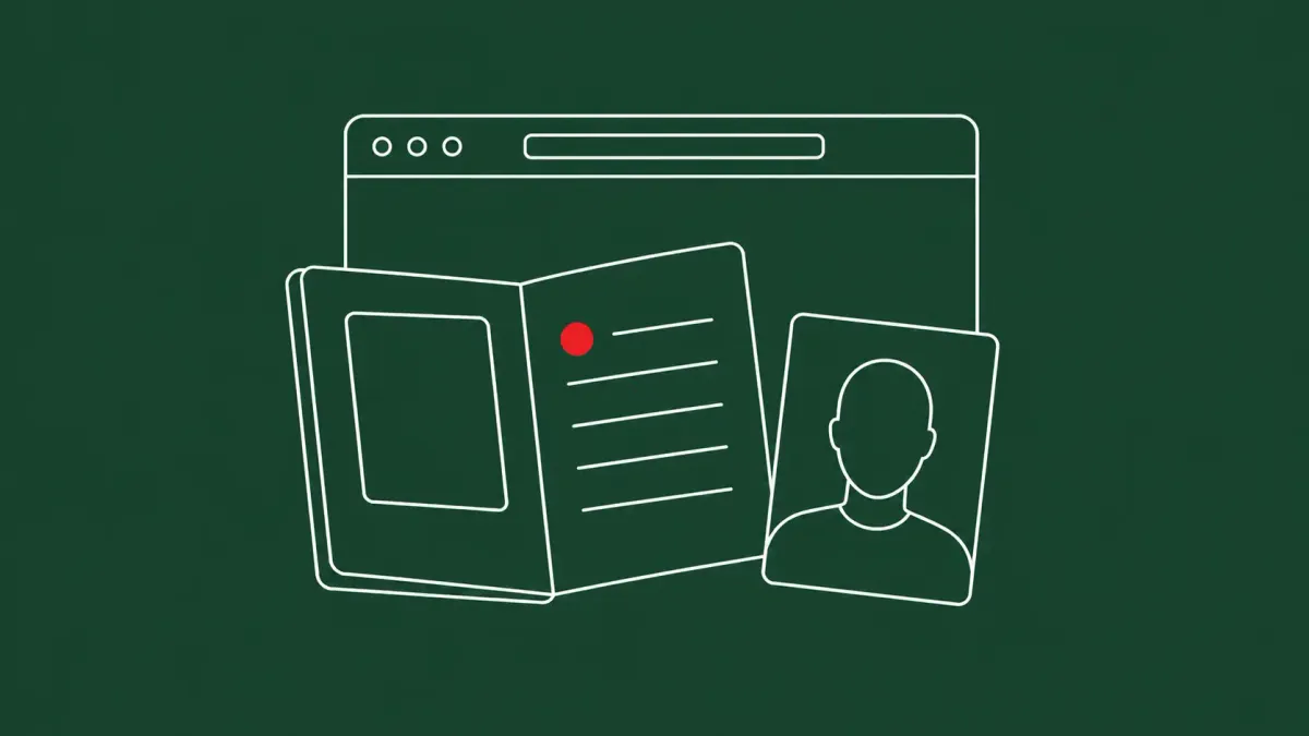 Line-art passport booklet and selfie portrait card overlapped by a web-browser window frame; one flat red dot sits on the passport's data page.