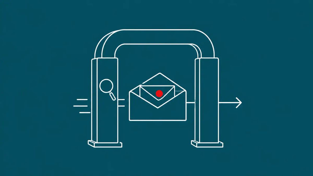 Line-art inspection gate with an open envelope passing through it; a smaller envelope rides hidden inside, marked with a single red dot.