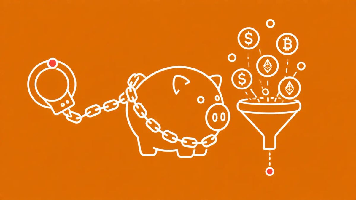 A chained pig icon with cryptocurrency coins draining through a funnel. White line art on warm amber background with red-orange accent dots at the chain and funnel drain.