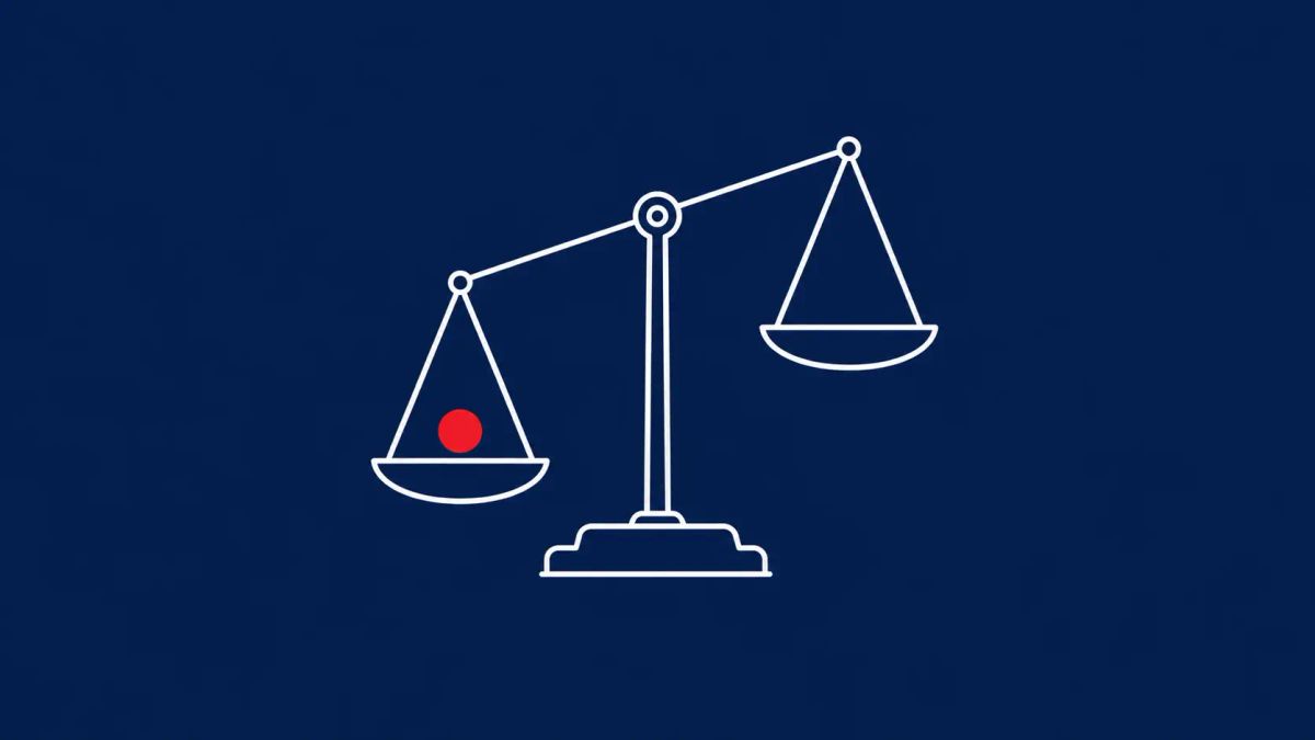 Line-art illustration of a balance scale tilted toward a heavy bug icon labeled 31% and away from a light key icon labeled 13%, on slate-blue background with one red dot accent.