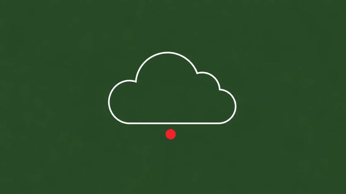 Line-art illustration of a single cloud shape on a deep moss-green background, with one flat red dot accent.