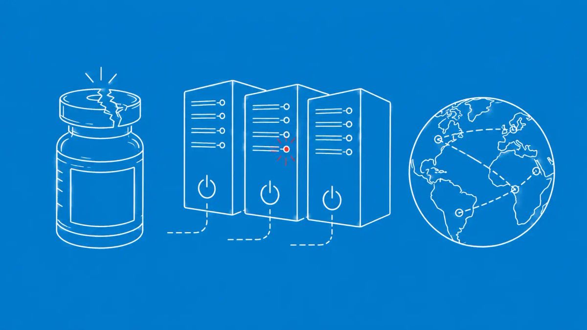 White line art on cerulean: a pharma vial with broken seal, three servers shutting down, a globe with disconnected nodes. Small red dot accent.