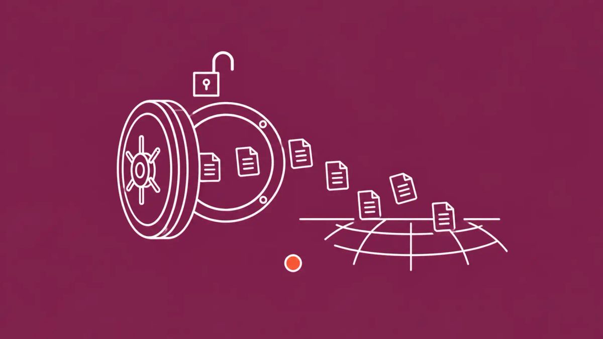Minimalist white line art on maroon: an open vault door with files spilling out onto a curved globe-grid, with an unlocked padlock above.