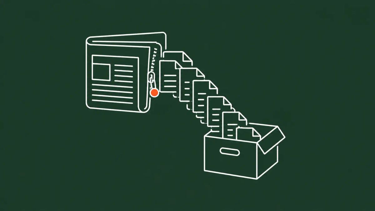 Minimalist white line art on dark forest green showing a newspaper-fold being unzipped along its spine, releasing a cascade of document pages into an open archive box, with a red accent dot.