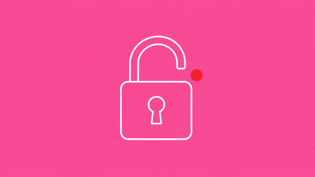 Line-art illustration of a single open padlock on a pink background, with one flat red dot accent.